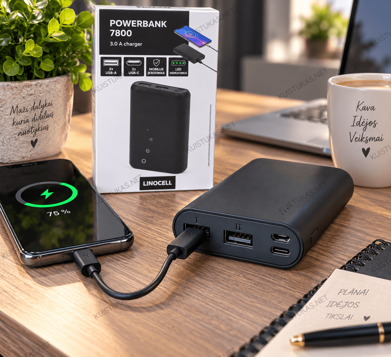 Išorinė baterija 'Linocell Black' 7800 mAh.